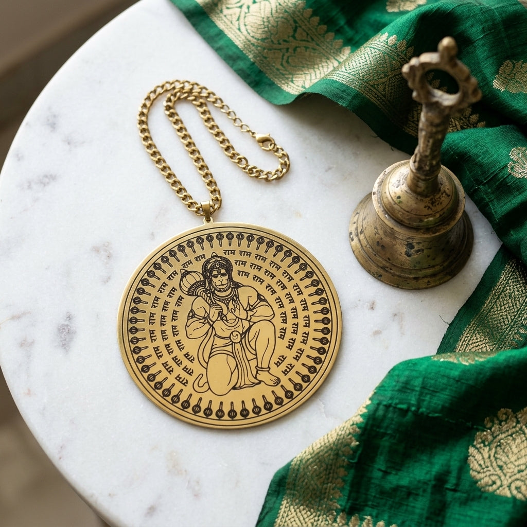 Close view of the Hanuman Ji engraving on a round gold car hanging