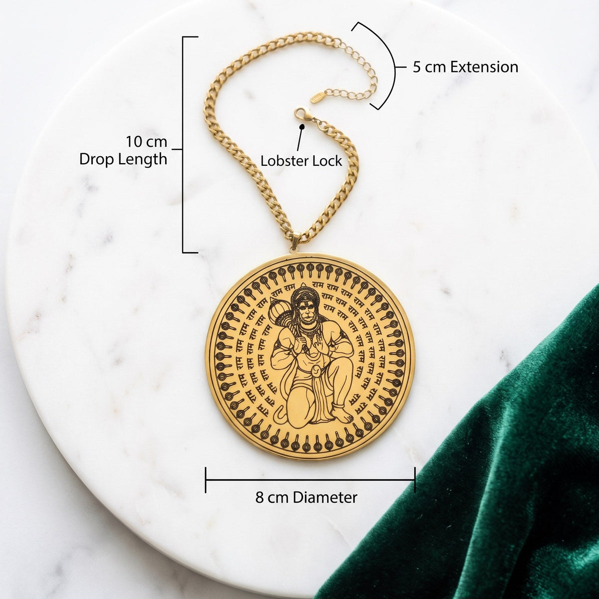 Size of the round car hanging with Hanuman Ji: 8 cm plate, curb chain hangs 10 cm, plus a 5 cm extender
