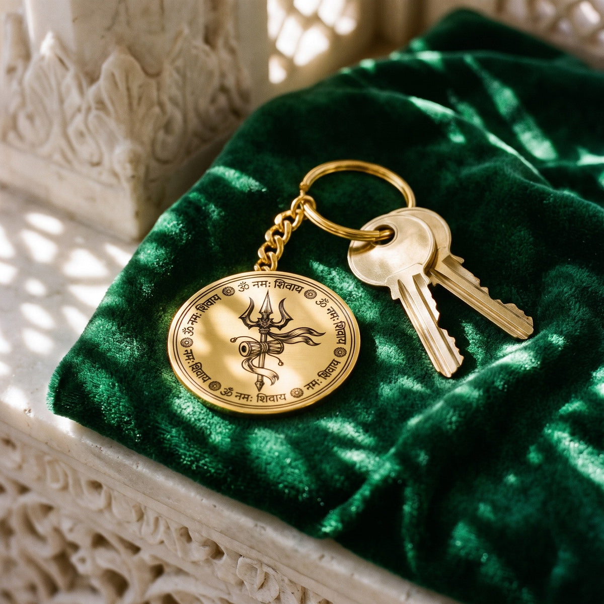 Round gold keychain engraved with Om Namah Shivaya and a trishul, next to house keys on green velvet