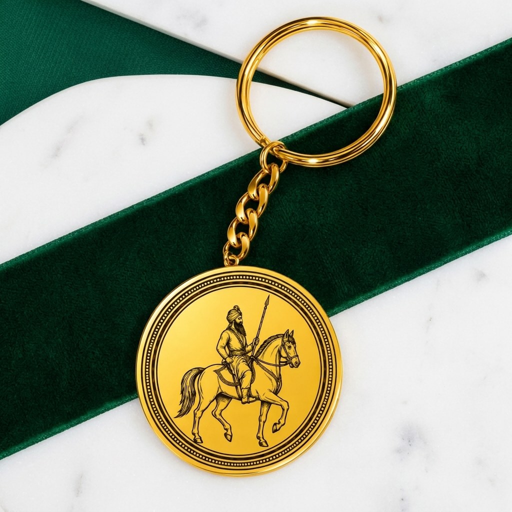 Round gold keychain engraved with a Sikh horse rider, on green velvet and white marble