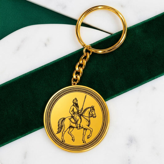 Round gold keychain engraved with a Sikh horse rider, on green velvet and white marble