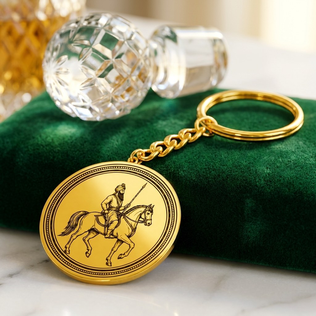 Sikh horse rider round gold keychain on green velvet beside a crystal bottle