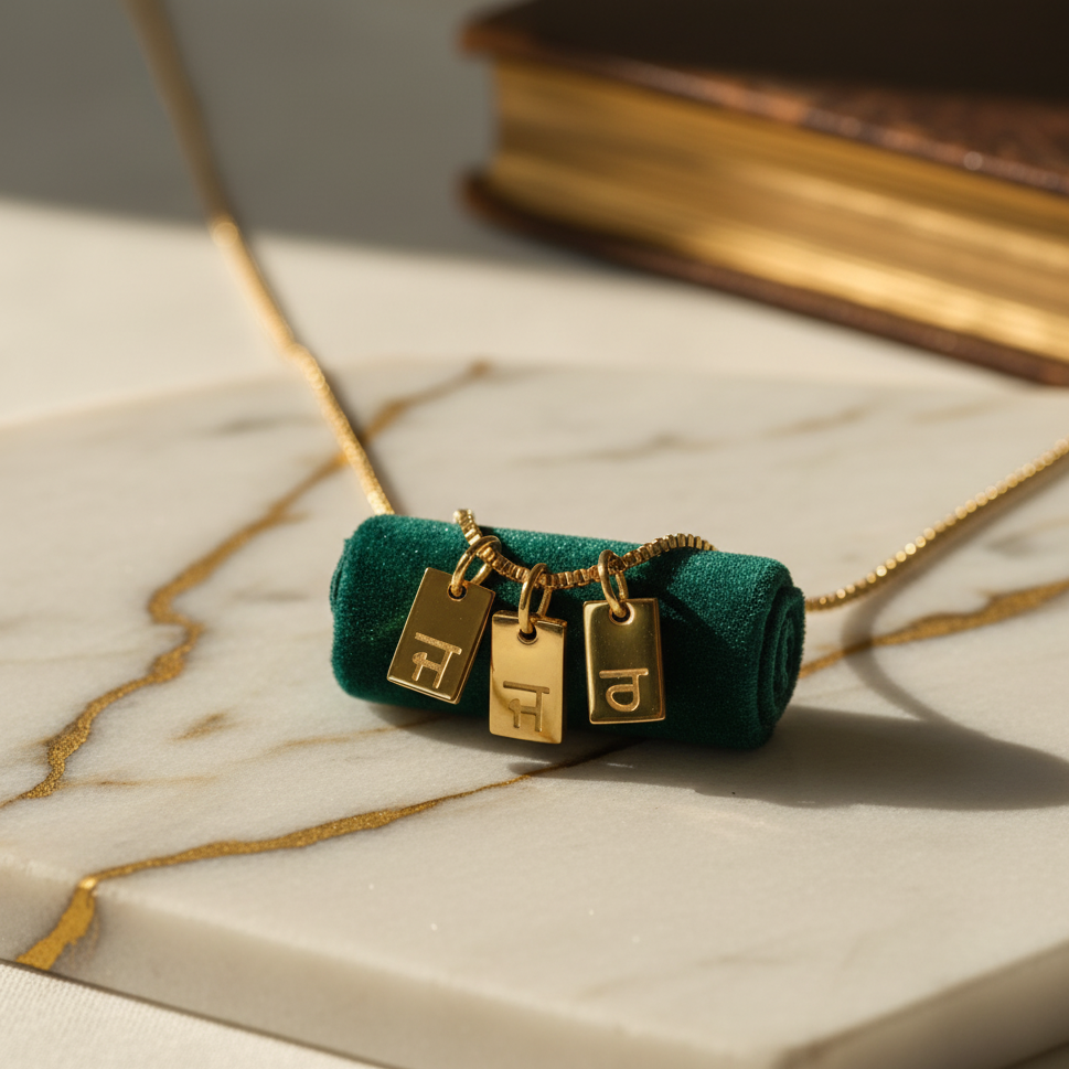 Gold-plated initial tag necklace with Gurmukhi letters, three tags on a rolled velvet piece beside a book