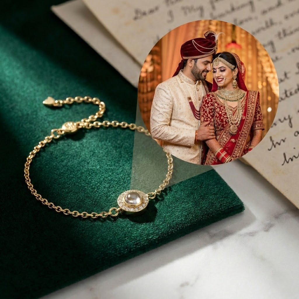 Round stone projection bracelet with a hidden photo, thin chain and sparkling stones around the round stone, on green velvet, with the projected photo of a couple shown above