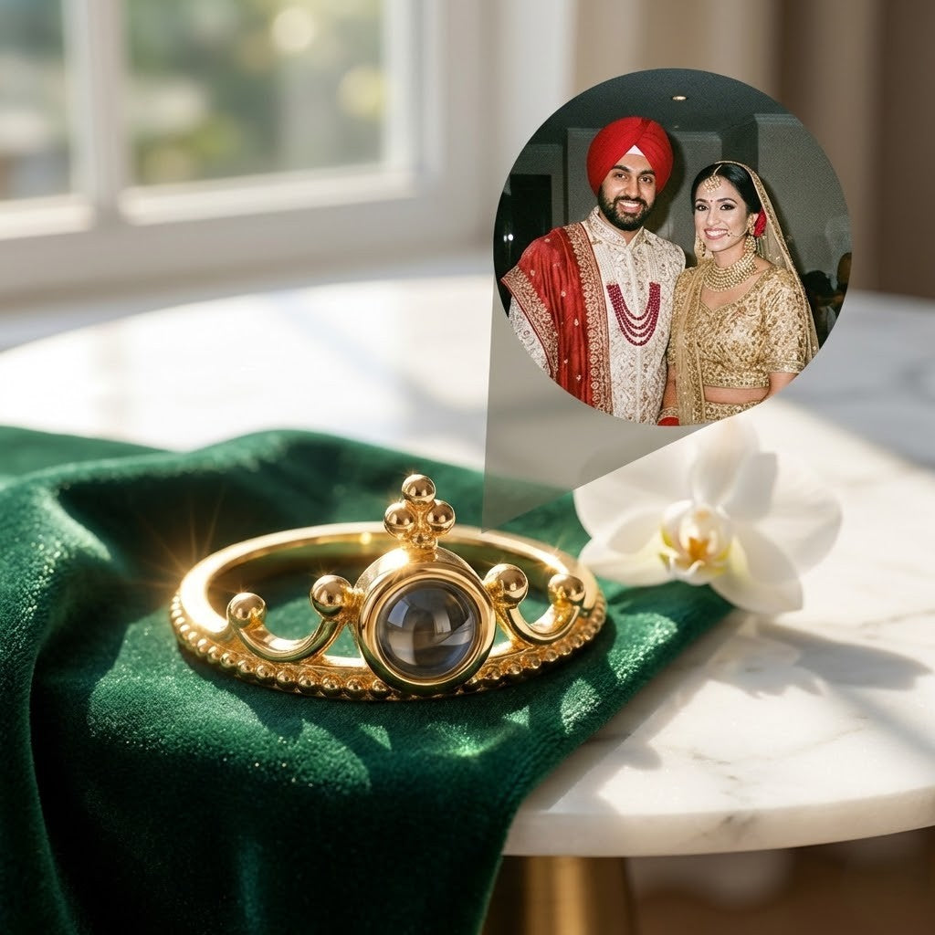 Crown projection ring with a hidden photo in the round stone, gold-tone crown band, on green velvet, with the projected photo of a couple shown above
