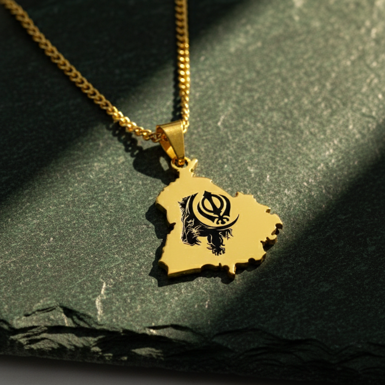 Gold necklace with a pendant shaped like a map on a dark surface