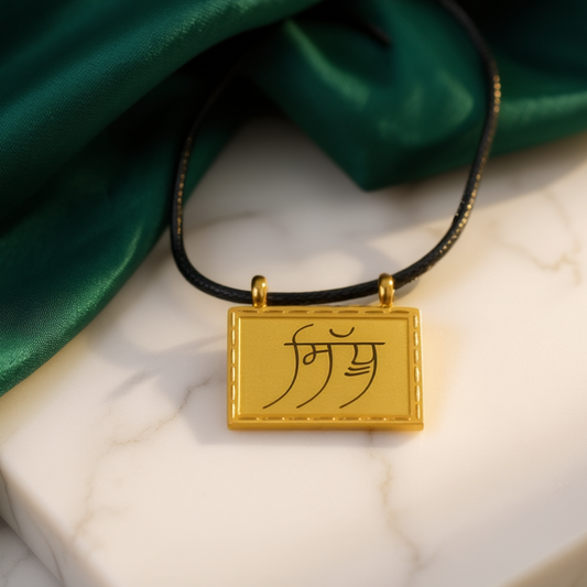 18K gold custom Punjabi taveet name necklace in Gurmukhi script.