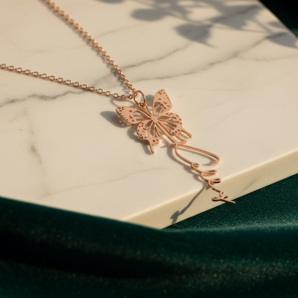 Rose gold butterfly necklace on a marble surface