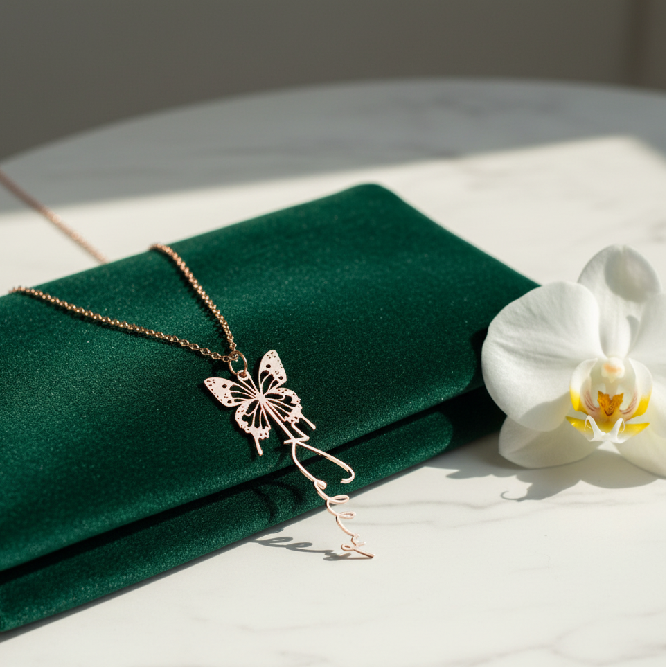 Butterfly necklace on a green fabric with a white orchid