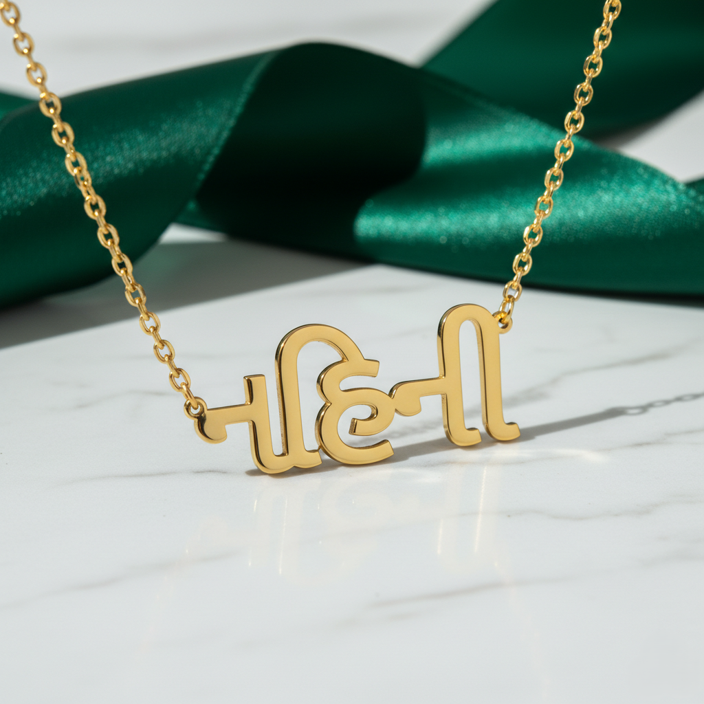 Gujrati_name_necklace Gold necklace with a unique design on a white and green fabric background