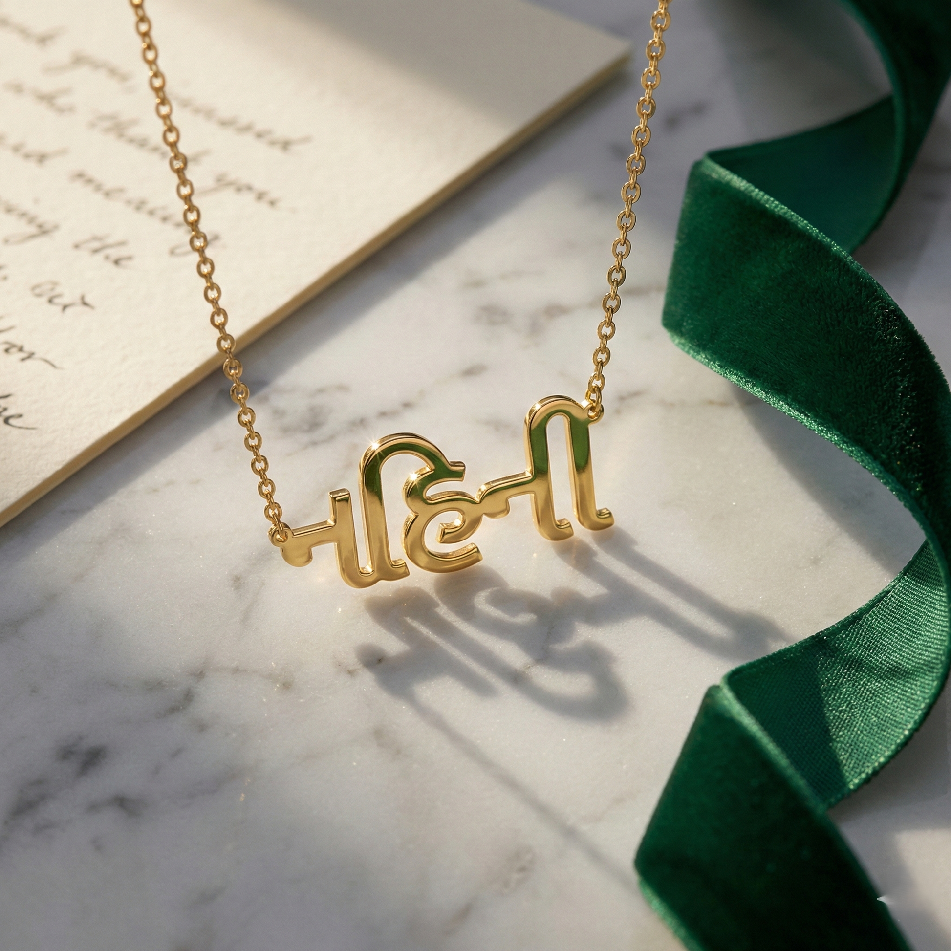 Gold necklace with green accents on a marble surface with a green ribbon
