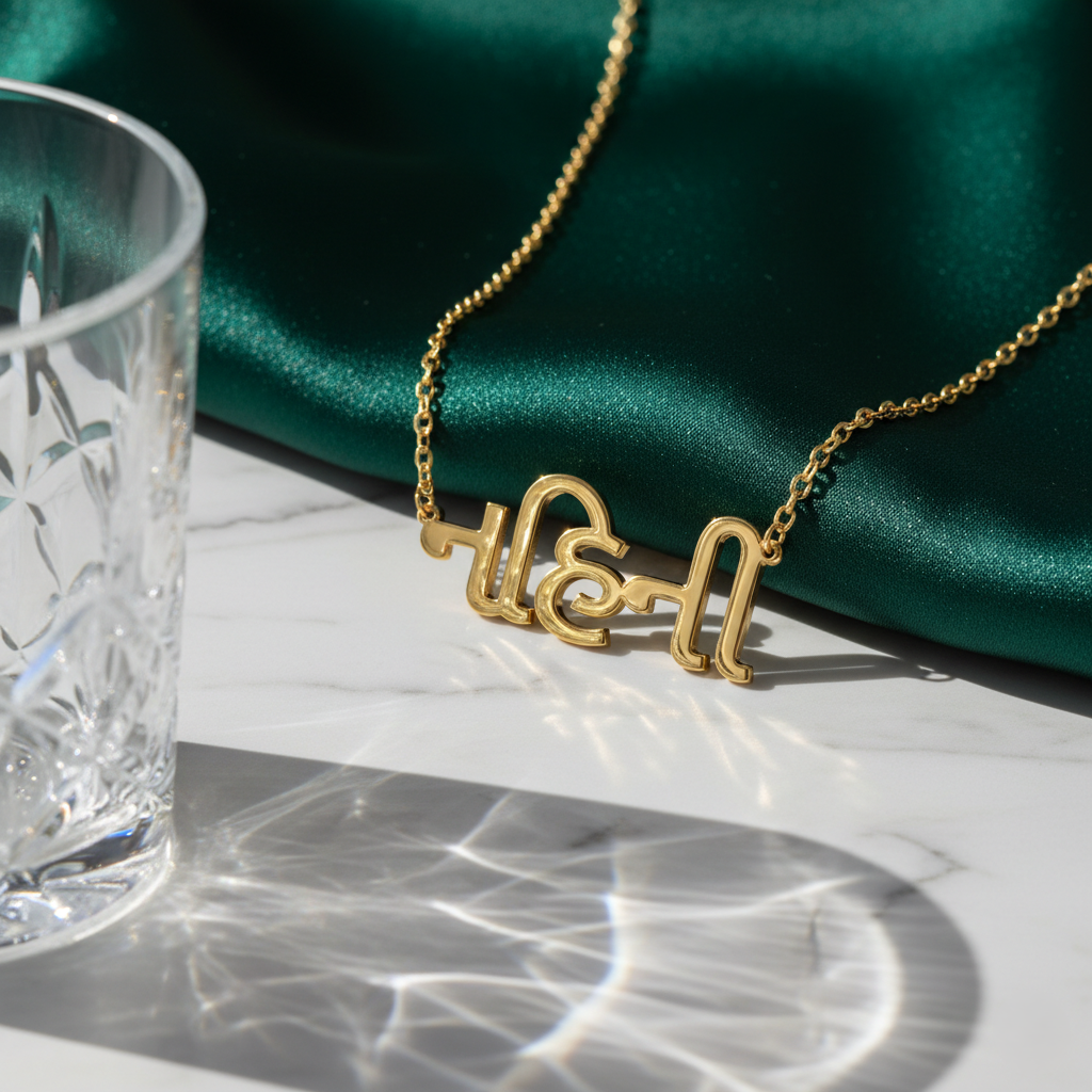 Gold necklace with Gujrati_name_necklace letters on a green satin fabric background