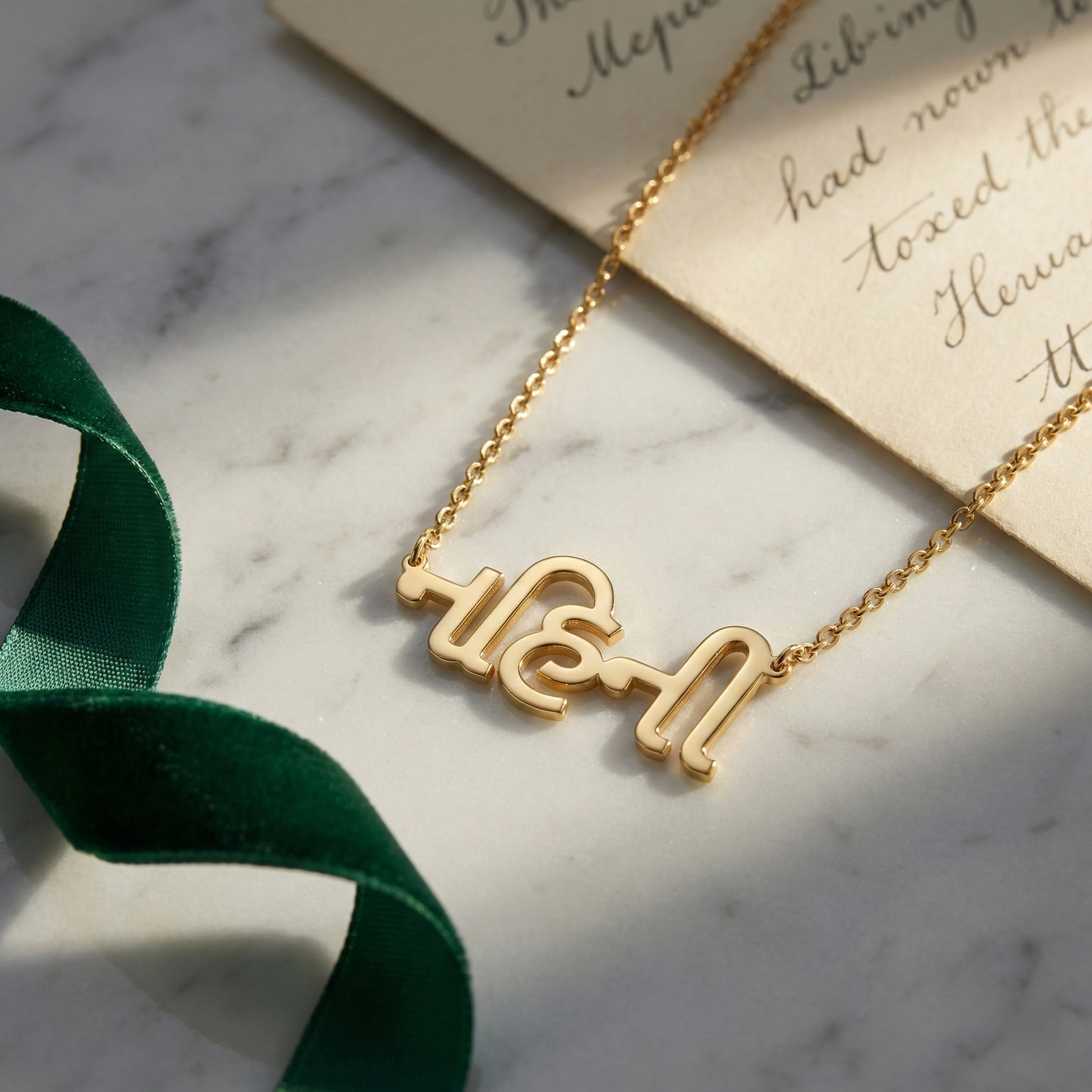Gold necklace with 'LO&H' pendant on a marble surface with green ribbon