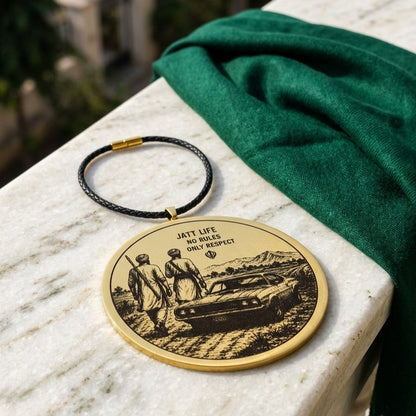 Round gold car hanging with the Jatt Life design on a black thread