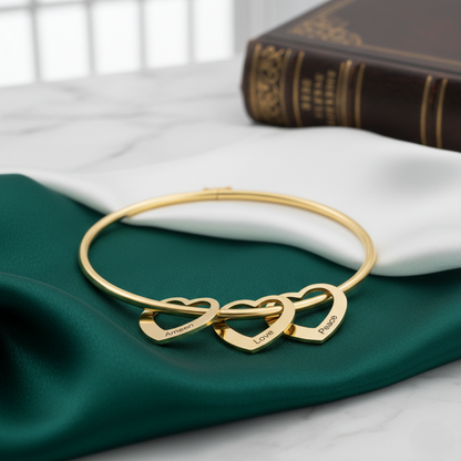 Personalized Heart Charm Bangle | Custom Engraved Family Bracelet - HayeNii