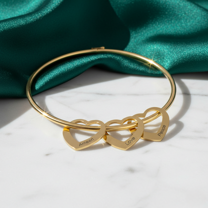 Personalized Heart Charm Bangle | Custom Engraved Family Bracelet - HayeNii