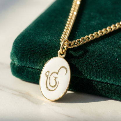 Ik-Onkar Sikh Pendant Necklace With White Enamel Background