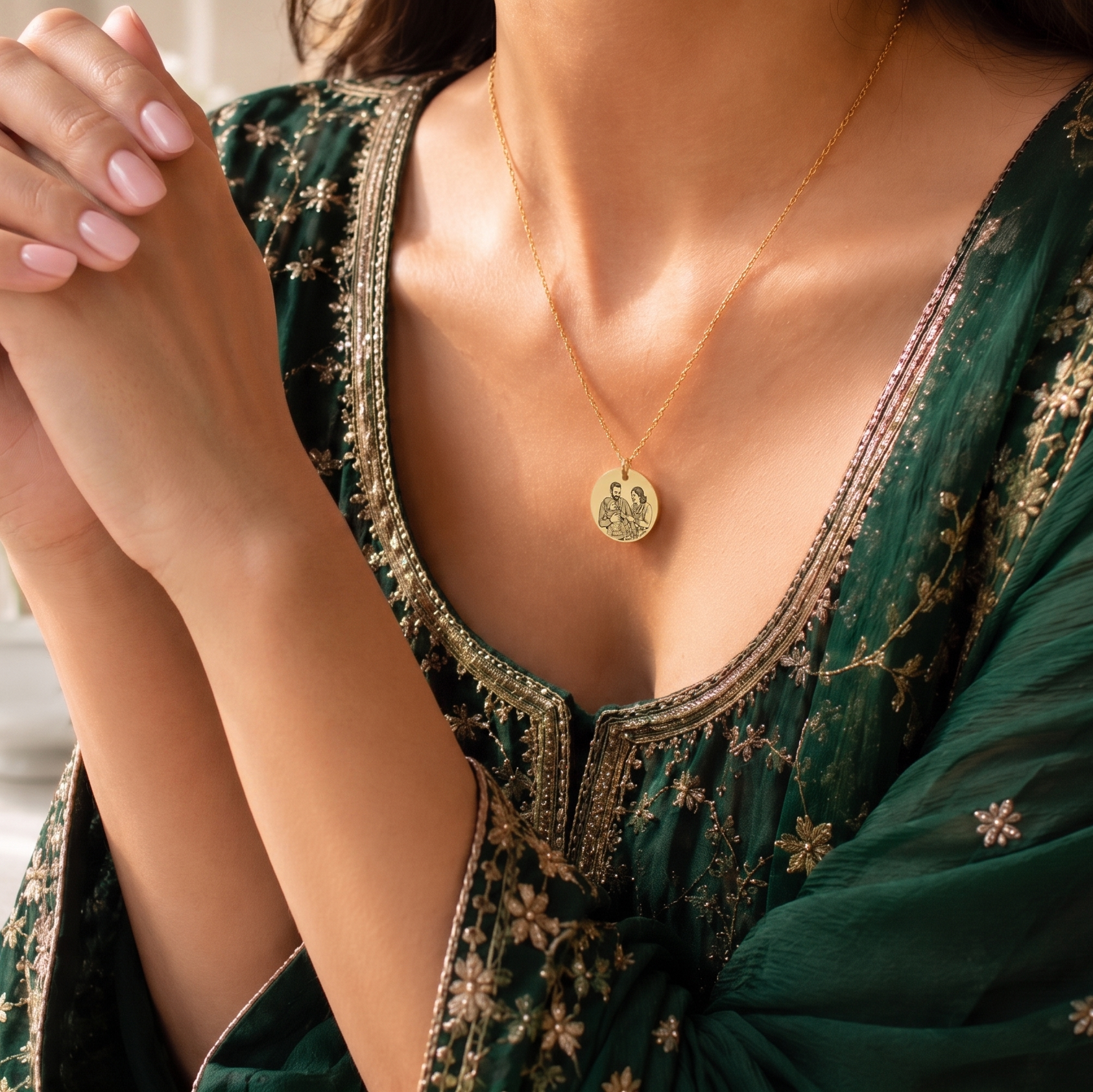 Woman wearing a green embroidered dress with a gold necklace, sitting indoors.