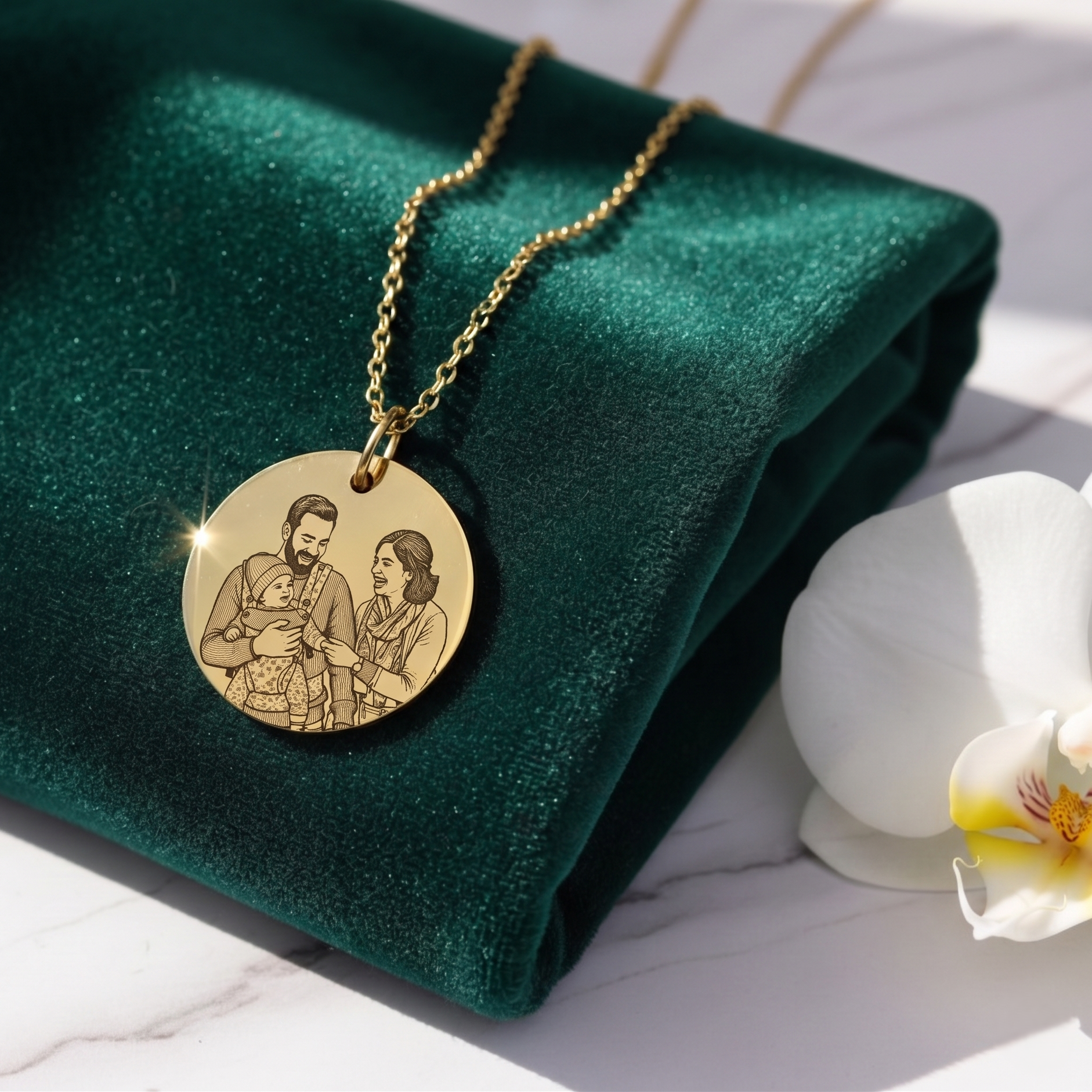 Gold necklace with a pendant featuring engraved images on a green fabric background.