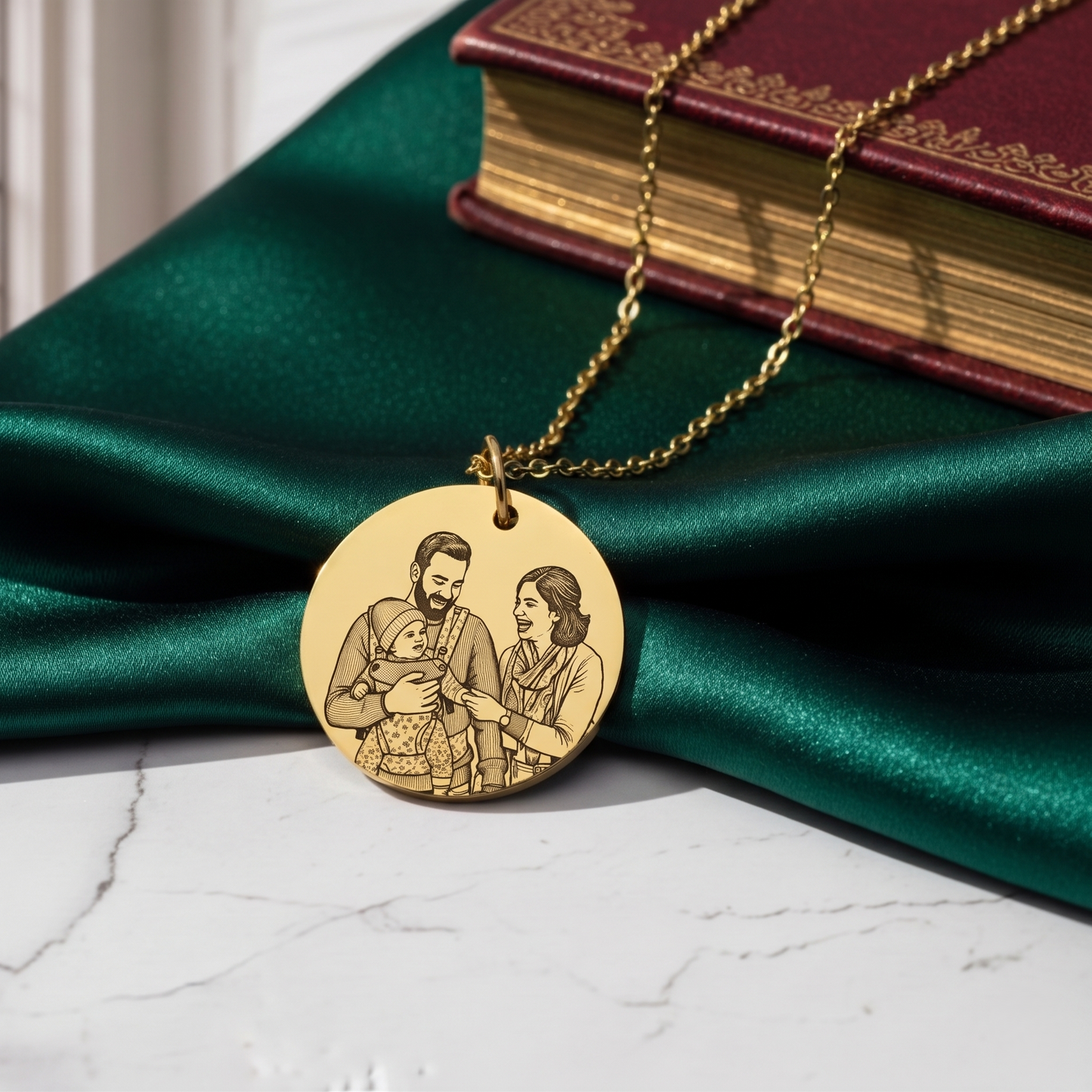 Gold necklace with a pendant featuring an engraved image of a family on a green fabric background.