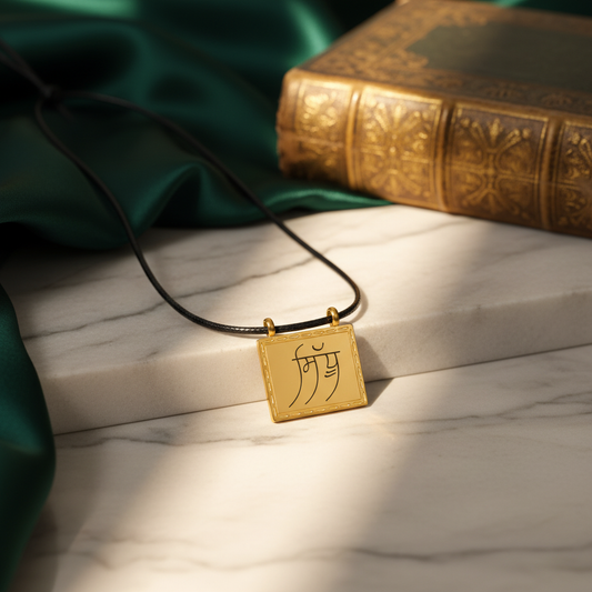Gold pendant necklace on a marble surface with a green fabric and book in the background