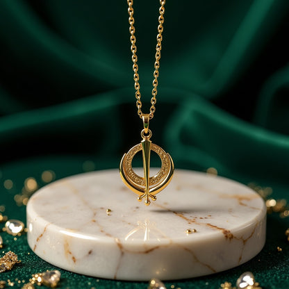 Gold necklace with a circular pendant on a marble stand against a green fabric background