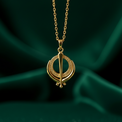 Gold necklace with a circular pendant on a green fabric background