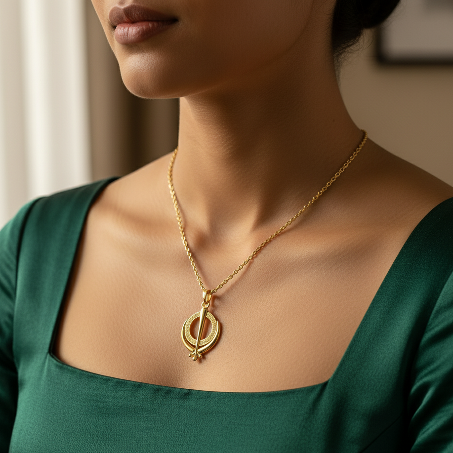 Woman wearing a gold necklace with a green top indoors