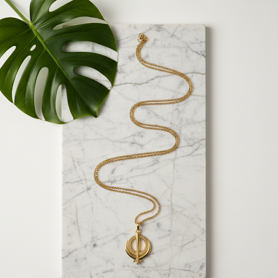 Gold necklace on a marble surface with a green leaf