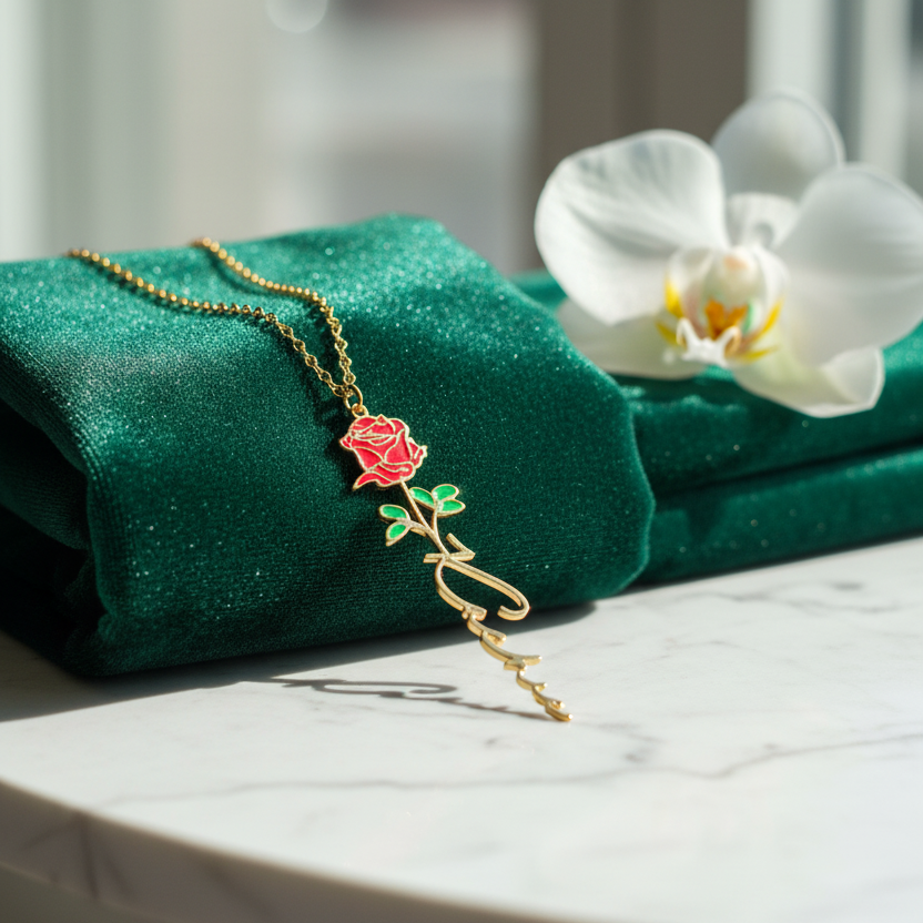 Gold necklace with a red rose pendant on green fabric in front of a window.