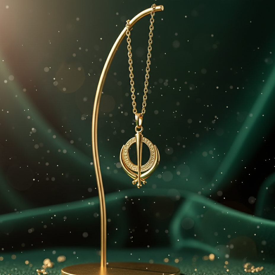 Gold necklace on a stand against a dark green background with bokeh effect