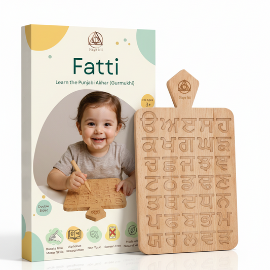 Fatti educational product packaging with wooden letters on a white background - hayenii-fatti-punjabi-akhar-tracing-board-montessori-learn-punjabi-kids