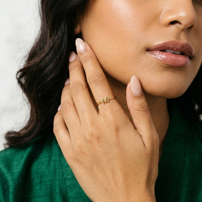 Thin gold initial ring with letter M worn on the finger