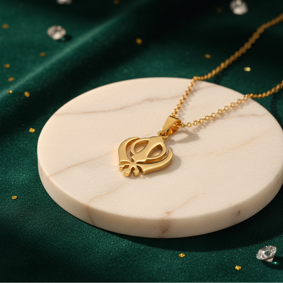 Gold necklace with a leaf-shaped pendant on a marble base against a green background