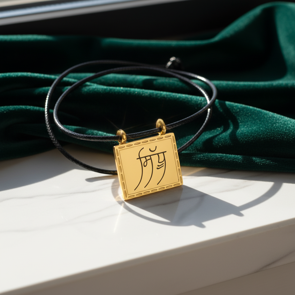 Gold pendant with a unique design on a black cord against a green fabric background