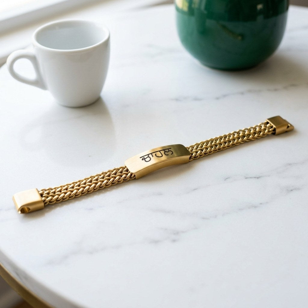 Gold name bracelet on a marble table next to an espresso cup