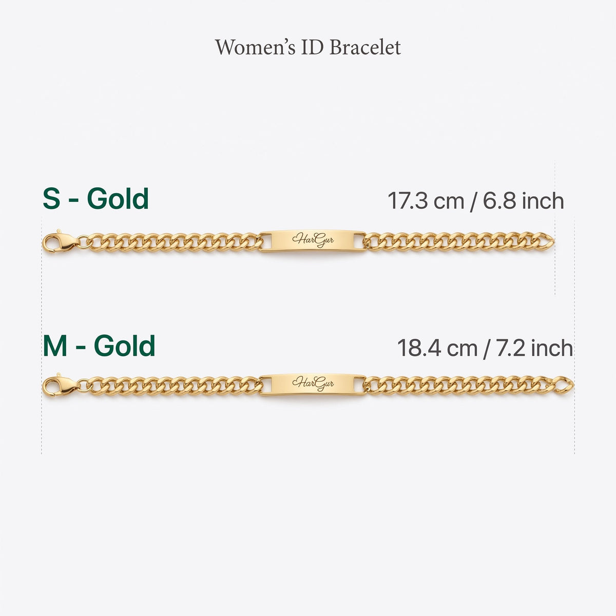 Size guide for the name ID bracelet: S 17.3 cm and M 18.4 cm