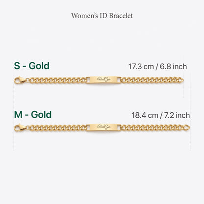 Size guide for the name ID bracelet: S 17.3 cm and M 18.4 cm