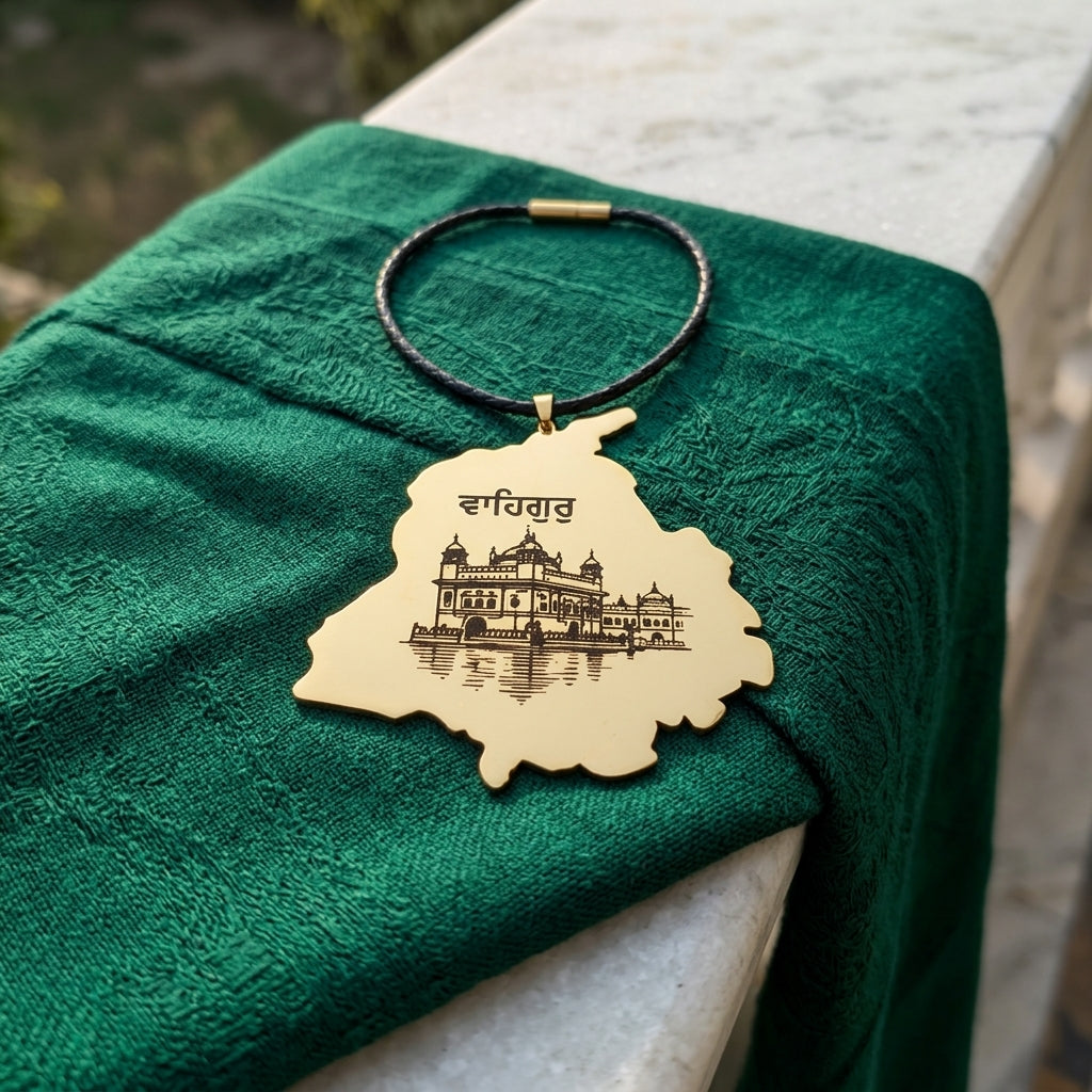 Punjab map car hanging with the Golden Temple and ਵਾਹਿਗੁਰੂ on a black thread