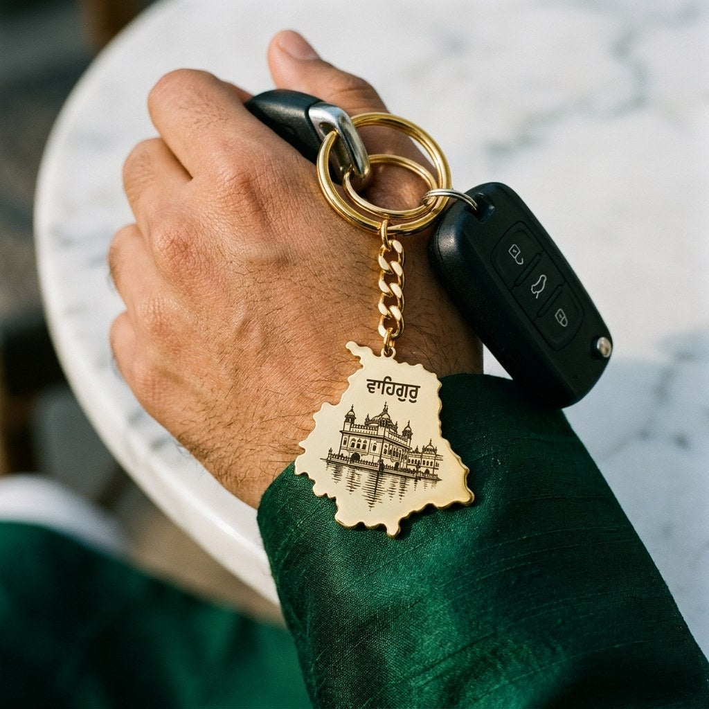 Golden Temple Punjab map keychain hanging from a hand that holds a car key
