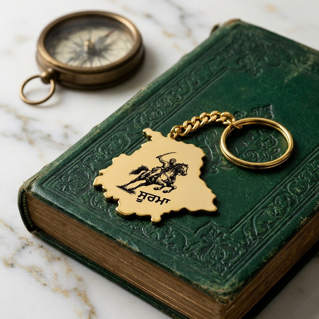 Soorma Punjab map keychain on a green book next to a compass