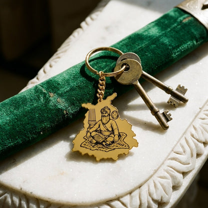 Punjab map keychain engraved with Baba Deep Singh Ji, with old keys