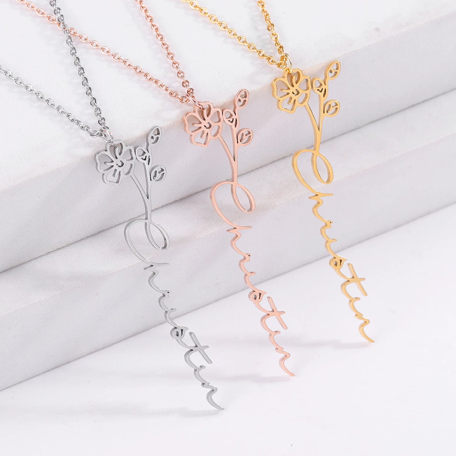 Rosa - Personalized Dainty Name Necklace with Birth Flower - Haye Nii