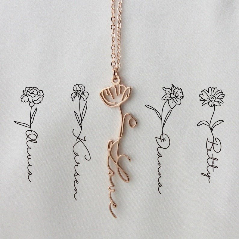 Rosa - Personalized Dainty Name Necklace with Birth Flower - Haye Nii