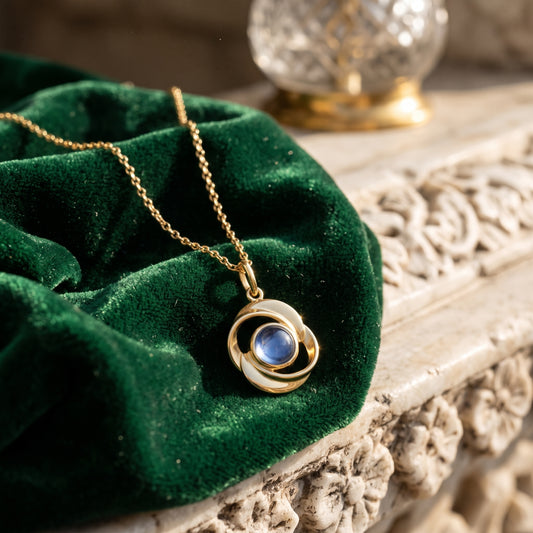 Gold rose projection necklace on green velvet