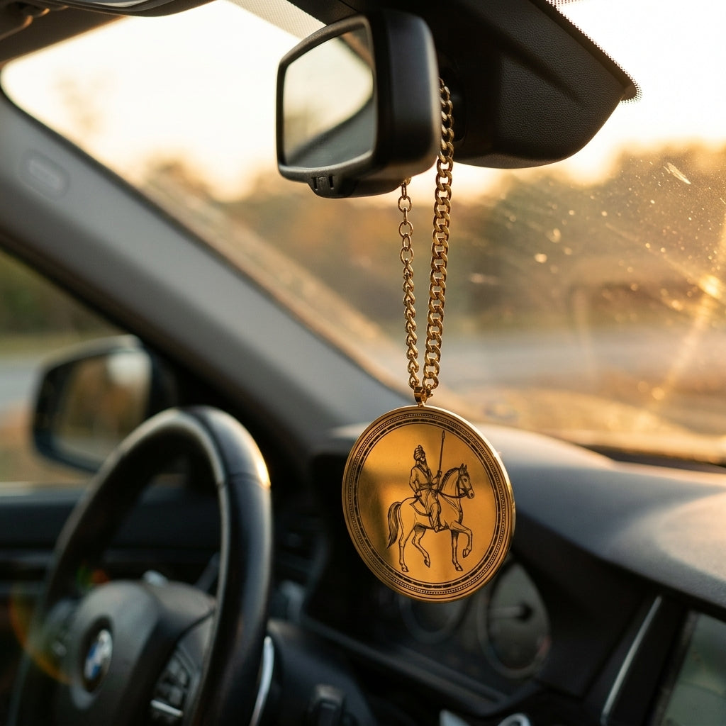 Sikh horse rider car hanging on a rear-view mirror at sunset