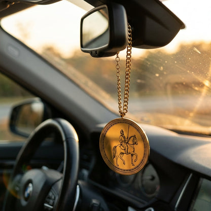 Sikh horse rider car hanging on a rear-view mirror at sunset