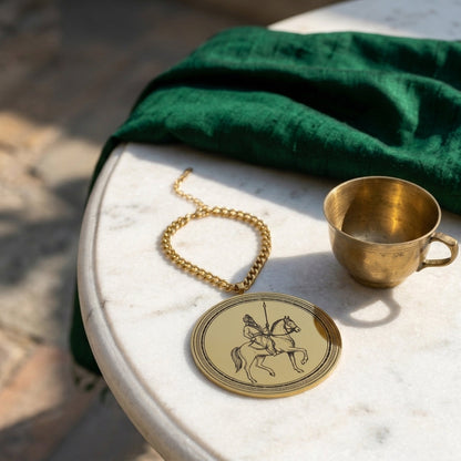 Round gold car hanging with the Sikh horse rider design on a curb chain
