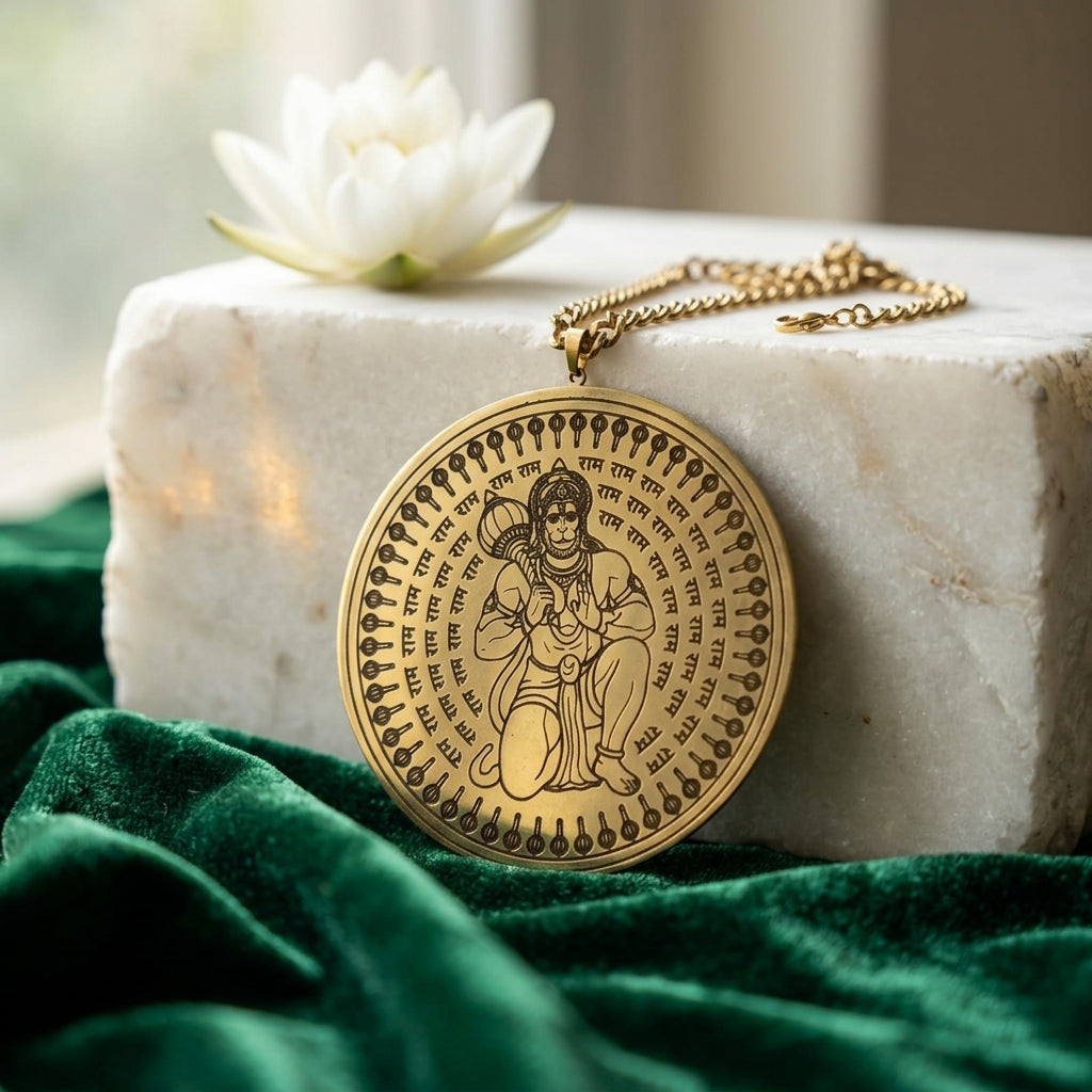 Round gold car hanging with the Hanuman Ji design on a curb chain