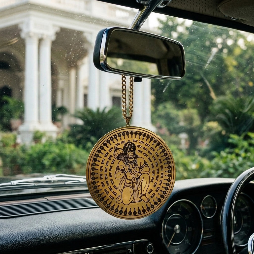 Hanuman Ji car hanging on a rear-view mirror